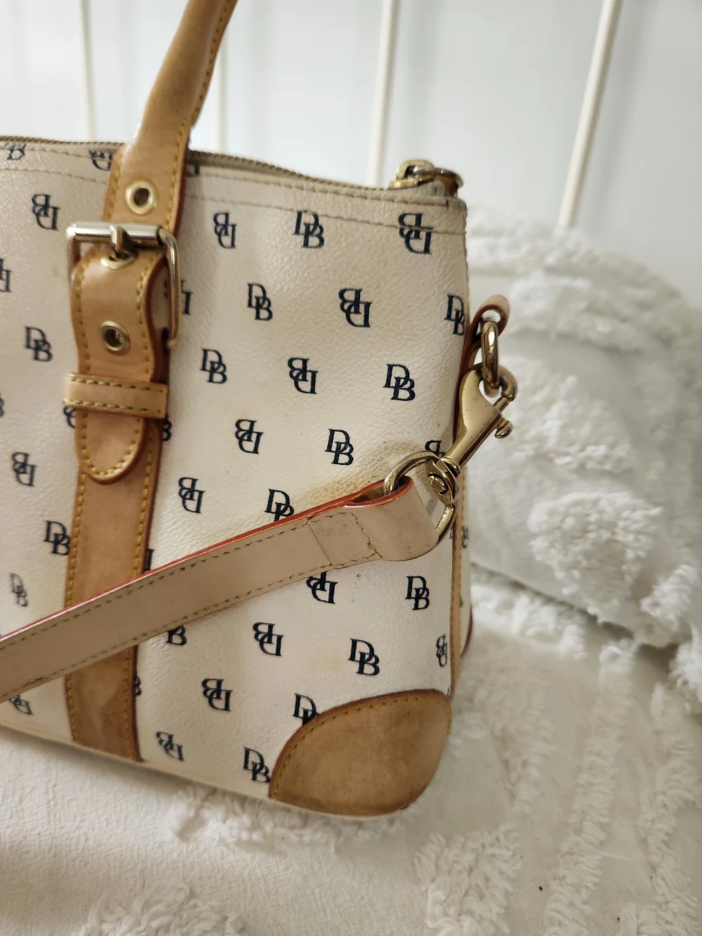 Dooney & Bourke Cream Canvas Monogram Satchel with Tan Leather Trim K561768